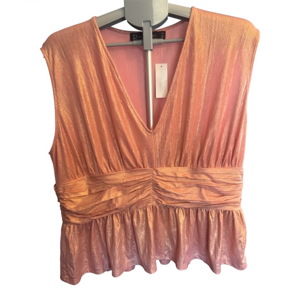 NY Collection Shimmery Peach V-Neck Sleeveless Peplum Top
